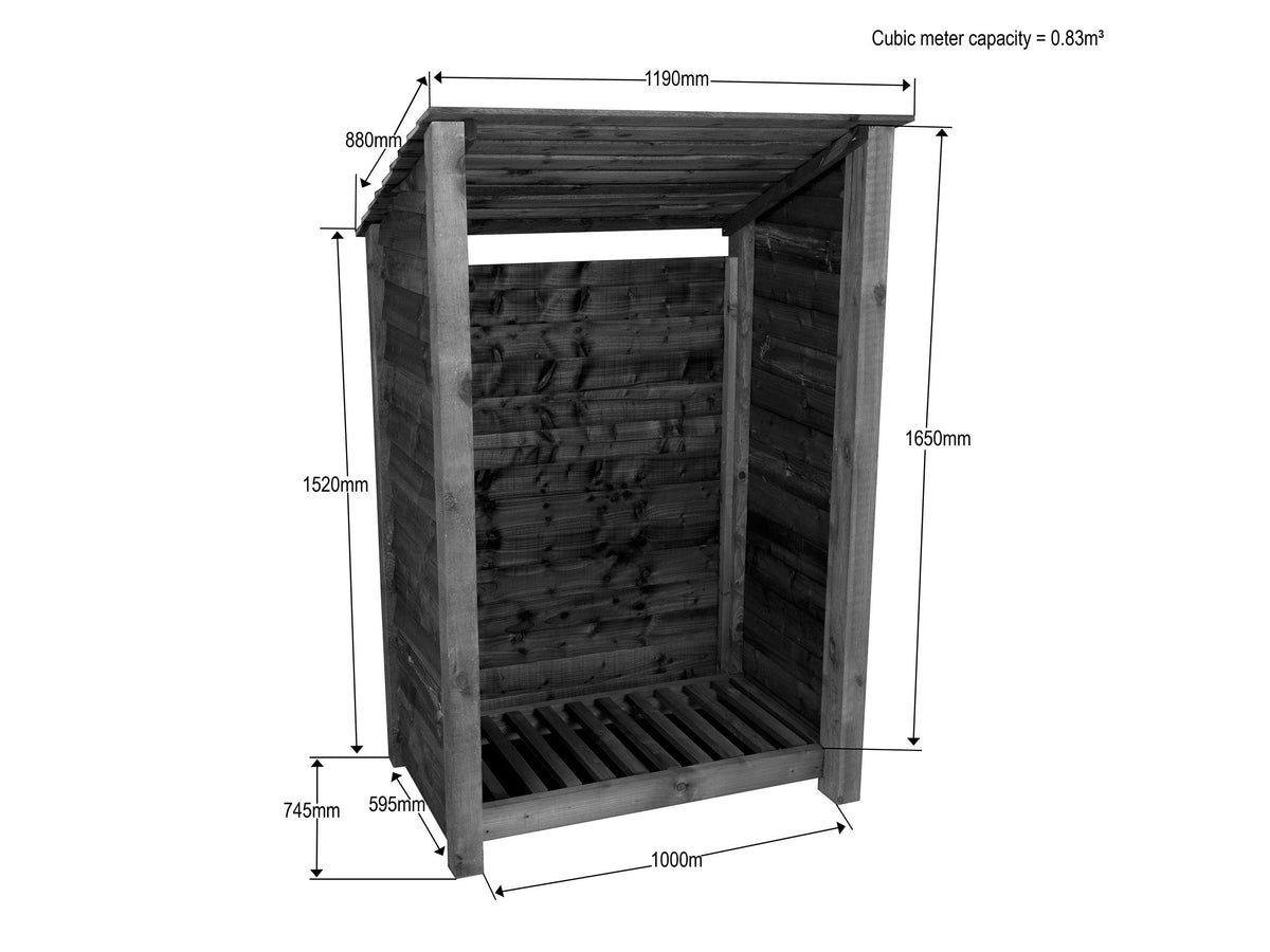 Wooden Log Store (Roof Sloping Back) W-119cm, H-126cm Or 180cm, D-88cm ...