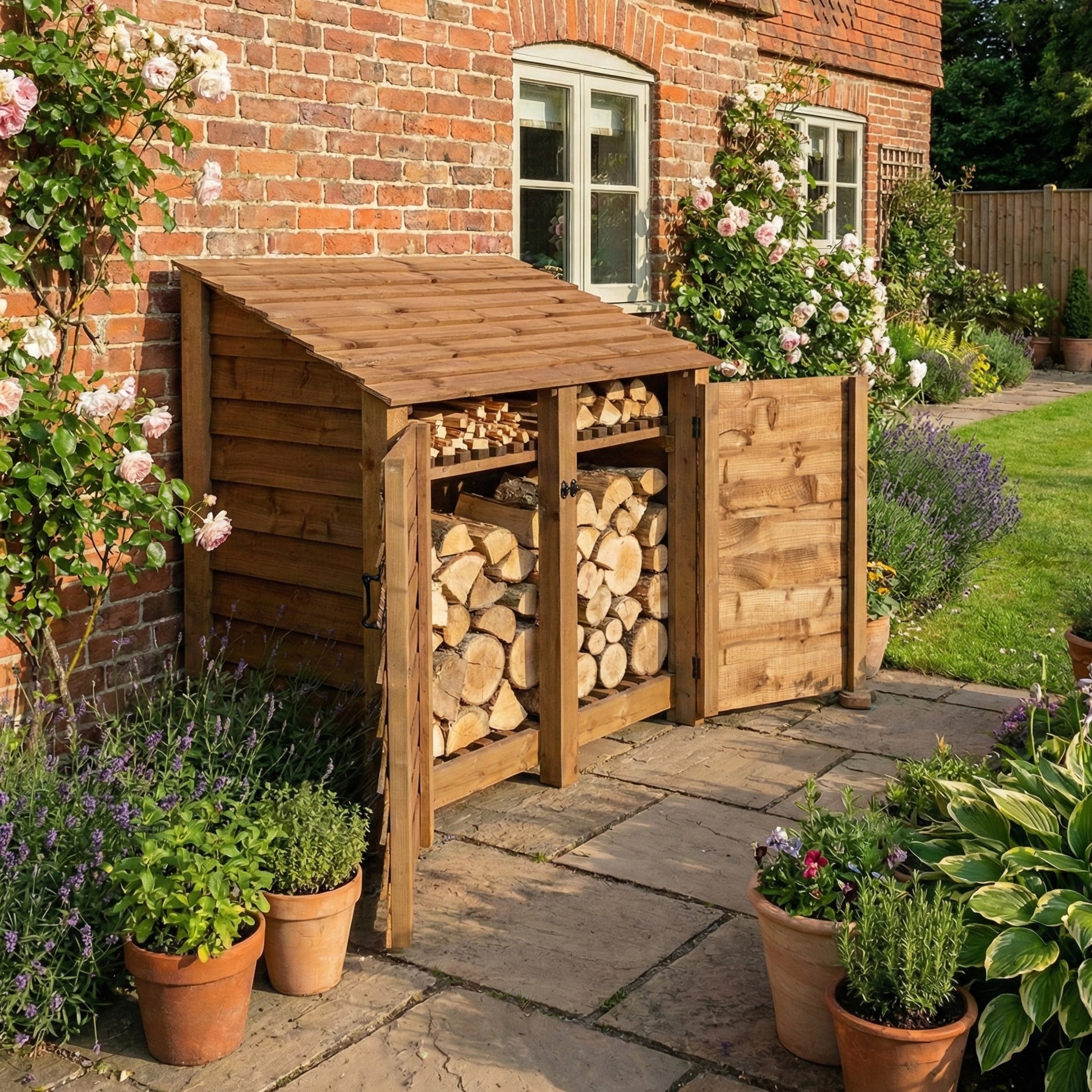 Wooden Log Store with Door and Shelf W-146cm, H-126cm or 180cm, D-88cm ...