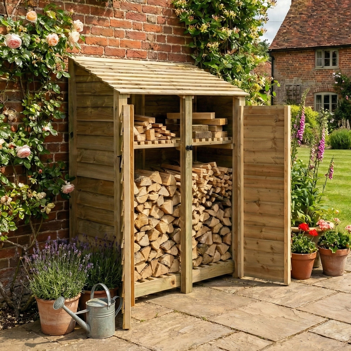 Wooden Log Store with Door and Shelf W-146cm, H-126cm or 180cm, D-88cm ...