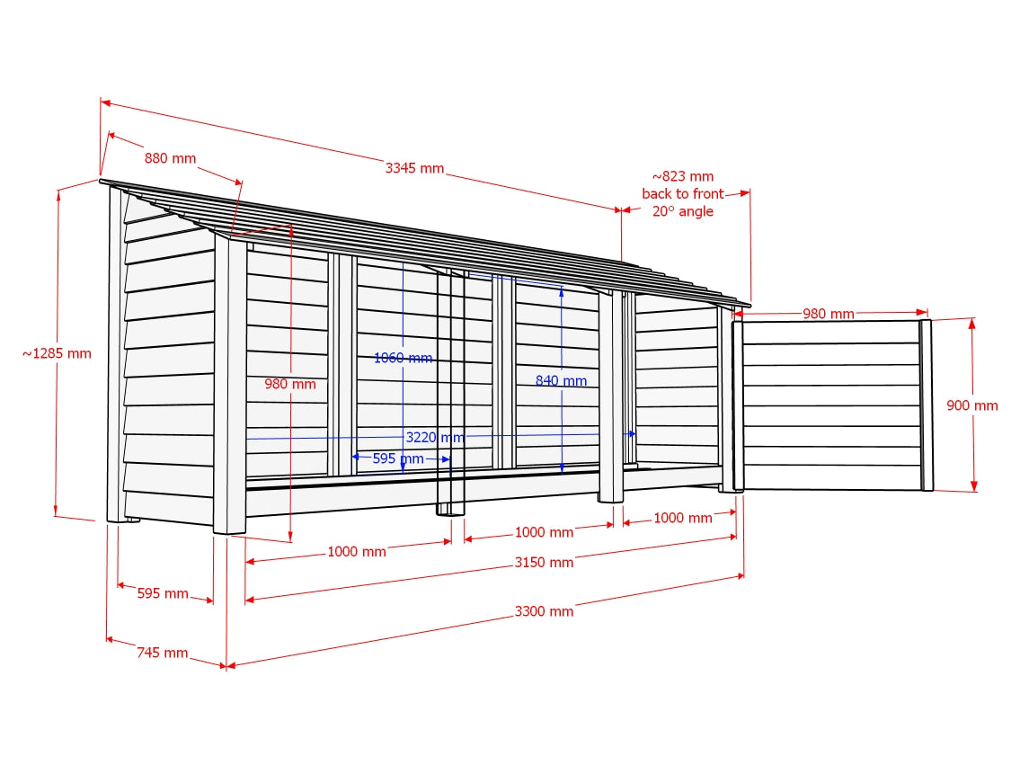 Slatted Wooden Log Store with Shelf W-335cm, H-126cm or 180cm, D-88cm ...