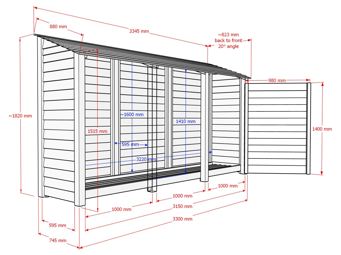 Slatted Wooden Log Store with Shelf W-335cm, H-126cm or 180cm, D-88cm ...