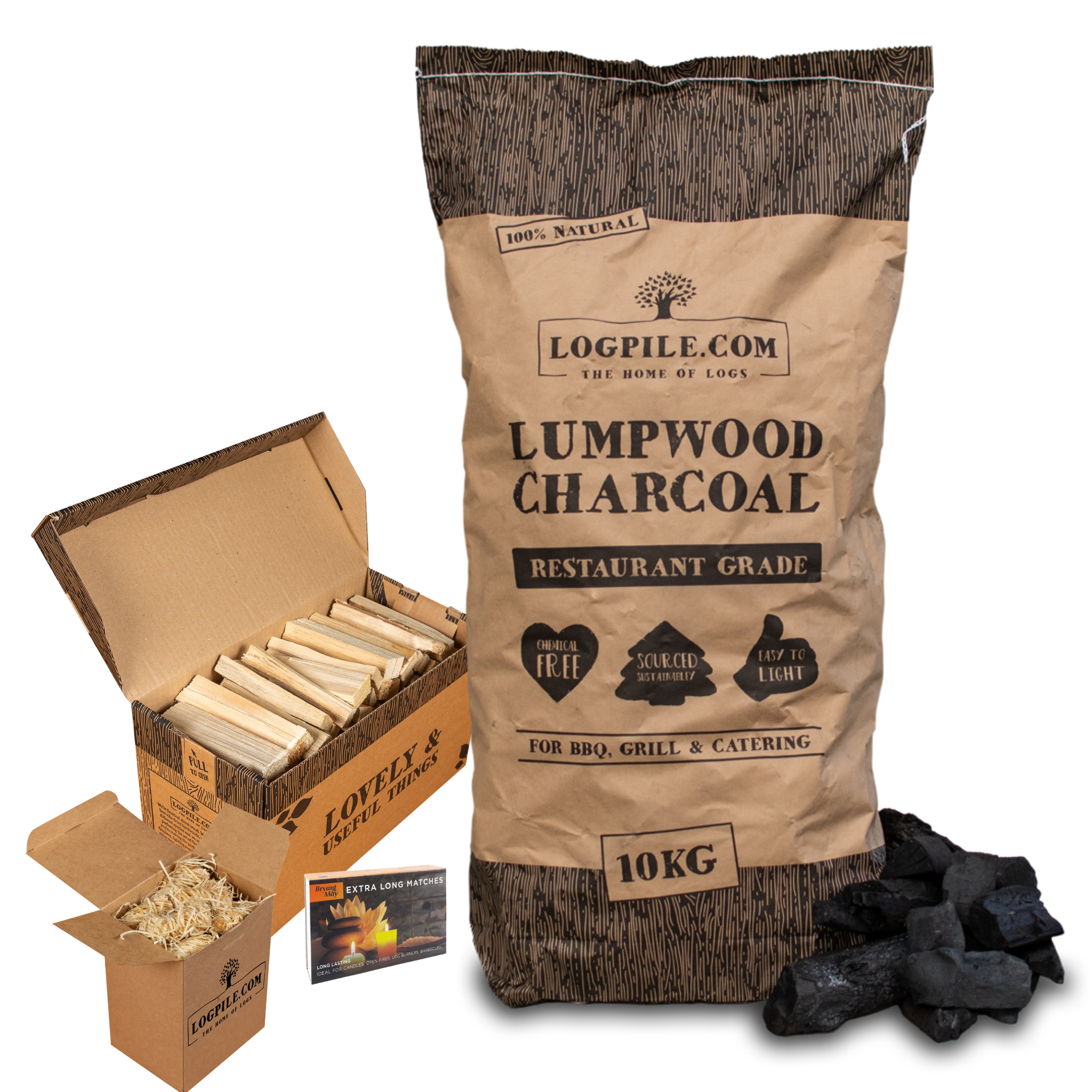 BBQ Starter Kit. Restaurant Grade Barbecue Charcoal, Kindling, Natural Firelighters and Matches