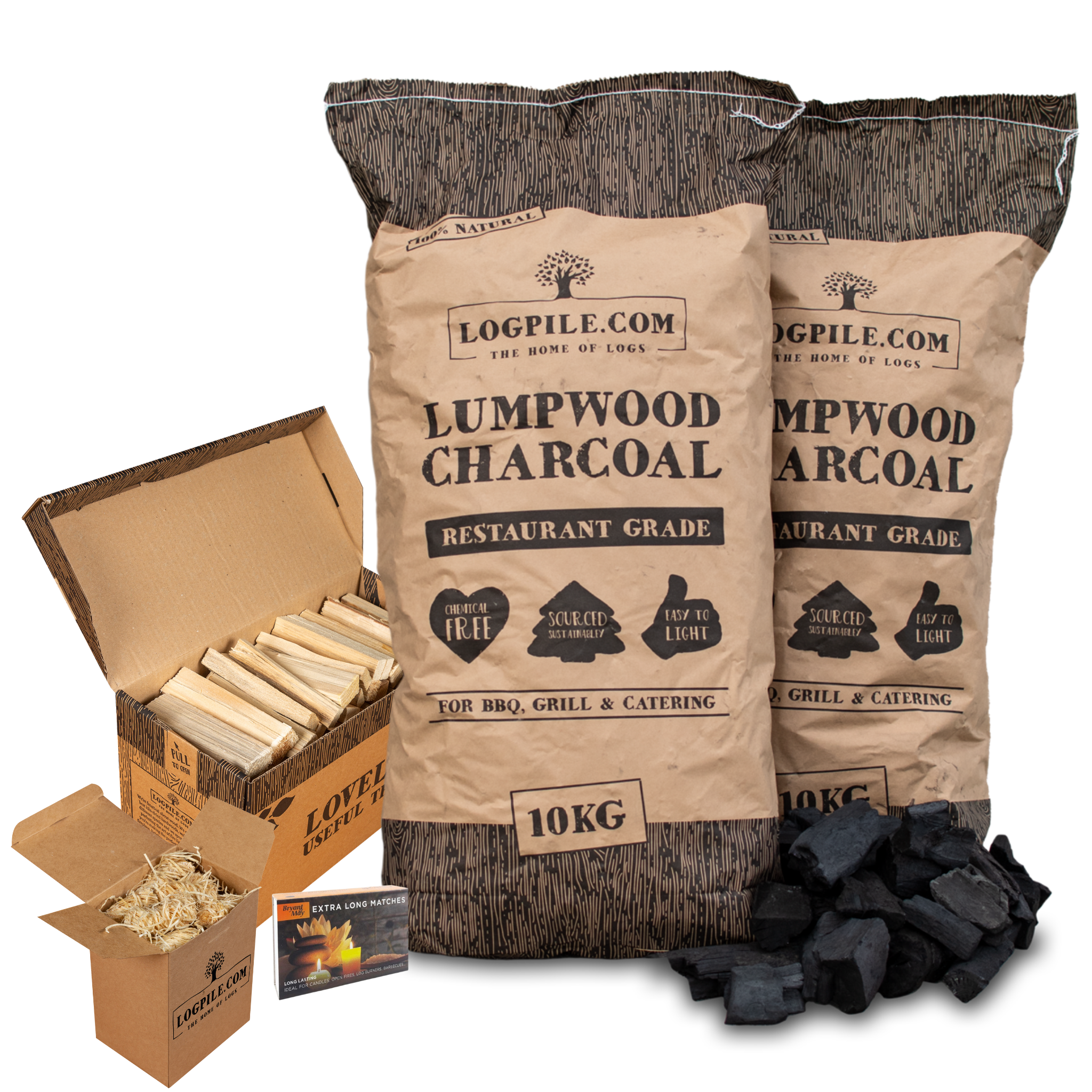 BBQ Starter Kit. Restaurant Grade Barbecue Charcoal, Kindling, Natural Firelighters and Matches