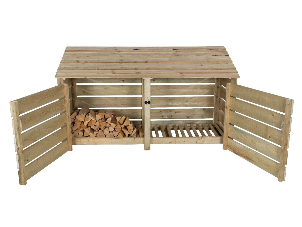 Spanish. Log Store Slatted Wooden Log Store with Doors W-227cm, H-126cm or 180cm, D-88cm ...