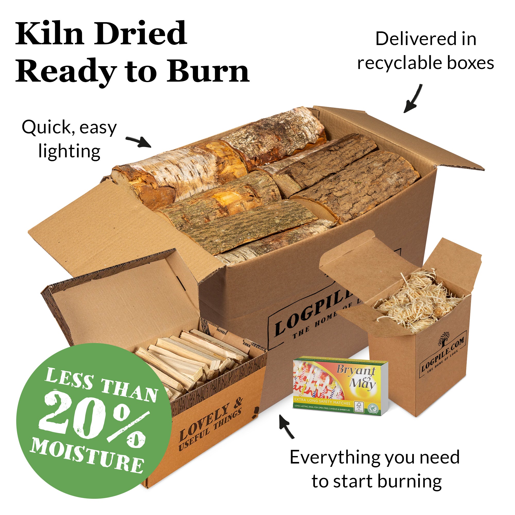Ash Starter Kit. Kiln Dried Ash Logs, Kindling, Natural Firelighters and Matches