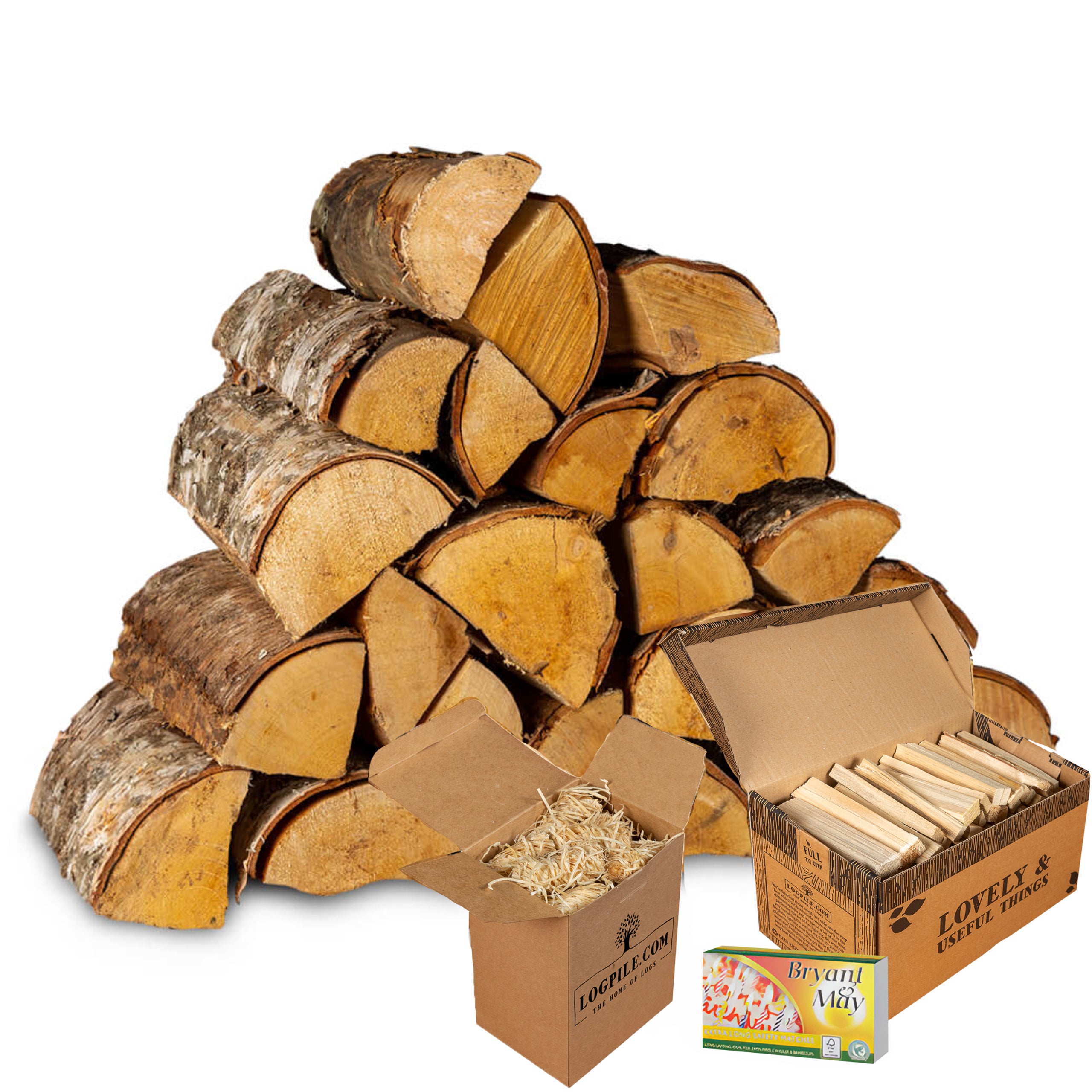 Birch Starter Kit. Kiln Dried Birch Logs, Kindling, Natural Firelighters and Matches