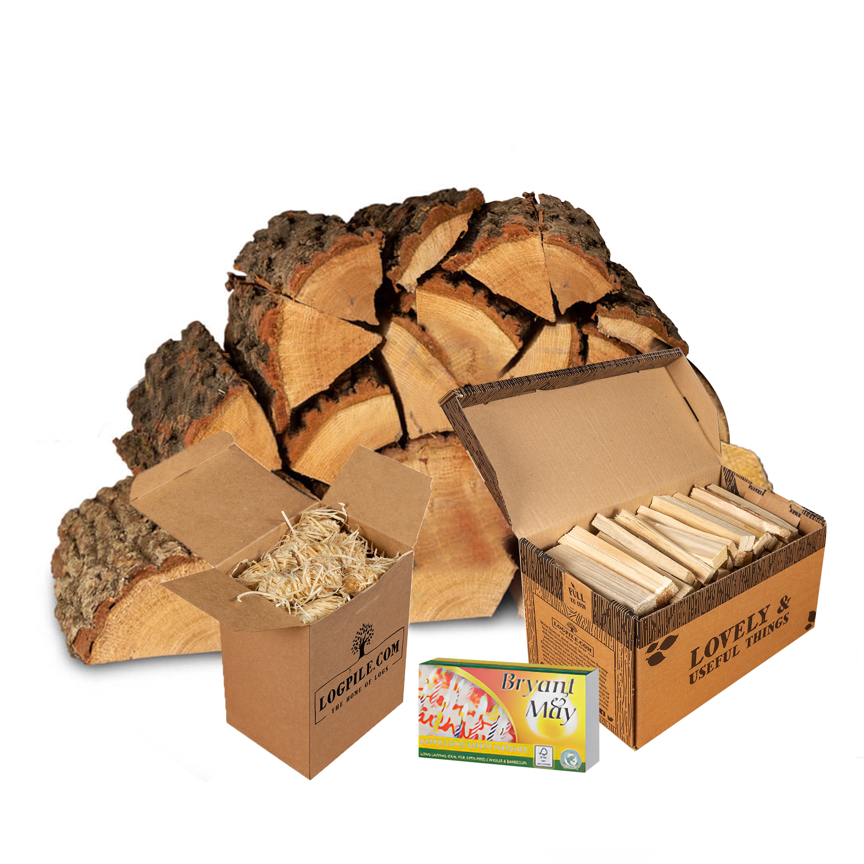 Oak Starter Kit. Kiln Dried Oak Logs, Kindling, Natural Firelighters and Matches